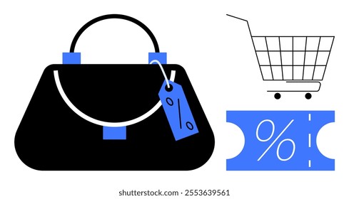 Black handbag with blue discount tag, shopping cart, and coupon with percentage sign. Ideal for retail, sales, marketing, online shopping, and promotions. Simple clean vector art style