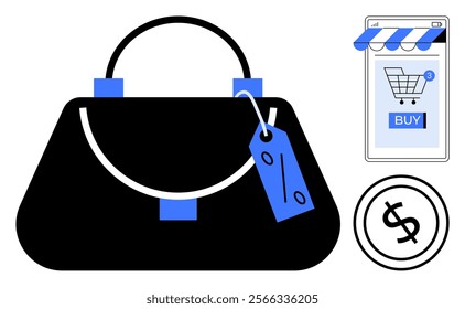 Black handbag with blue highlight, a discount tag, a mobile phone shopping screen, and a dollar sign coin. Ideal for online shopping, discounts, e-commerce, fashion retail, and mobile shopping. Flat