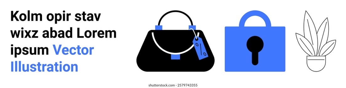 Black handbag, blue lock, and minimalist plant convey fashion, security, and nature themes. Ideal for fashion, security, lifestyle, minimalist, and modern design. Banner for landing page