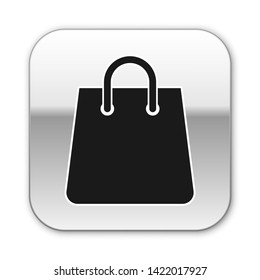 Black Handbag icon isolated on white background. Shoping bag sign. Woman bag icon. Female handbag sign. Glamour casual baggage. Silver square button. Vector Illustration