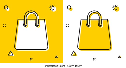 Black Handbag icon isolated on yellow and white background. Shoping bag sign. Woman bag icon. Female handbag sign. Glamour casual baggage. Random dynamic shapes. Vector Illustration