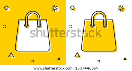 Black Handbag icon isolated on yellow and white background. Shoping bag sign. Woman bag icon. Female handbag sign. Glamour casual baggage. Random dynamic shapes. Vector Illustration