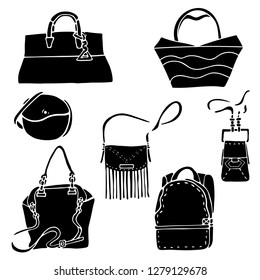 Black handbag silhouettes. Woman's bags collection.  - Isolated vector graphics.
