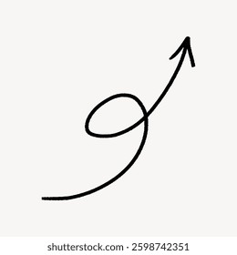 Black hand-drawn arrow with a loop on a light background. The arrow's loop adds a dynamic touch. Simple arrow design with a loop. Minimalist arrow illustration. Doodle illustration vector.