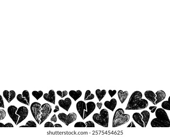 Black hand-drawn broken hearts border on white background with space

