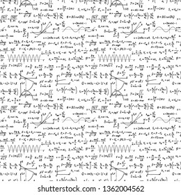 A lot of black hand-drawn complicated scientific formulas and calculations, seamless pattern on white