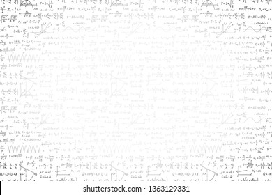 A lot of black hand-drawn complicated scientific formulas and calculations, wide background on white