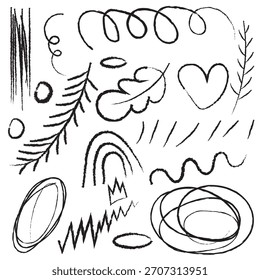 Iconos de doodle dibujados a mano negros para un diseño creativo. Colección lúdica de garabatos incompletos que incluyen Formas, símbolos e íconos lindos, perfecto para proyectos artísticos, fondos o diseño infantil
