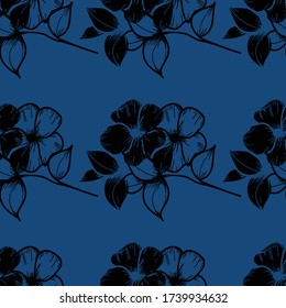 Schwarz handgezeichnete grafische Vektorblumen auf klassisch blauem Hintergrund.Endlose botanische Ornamente für Heimtextilien, Stoffe, Tapeten und andere Materialien.