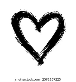 Black hand-drawn heart illustration with bold brushstrokes, minimal white background, artistic concept of love and passion. Valentine's day illustration.