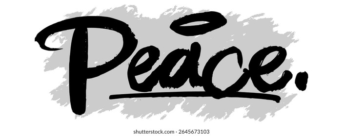 Black hand-drawn “Peace” lettering on gray splatter background. Perfect for spiritual artwork, inspirational messages, and Christian faith-based design.