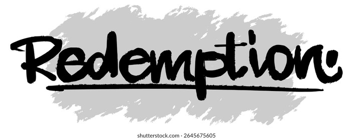 Black hand-drawn “Redemption” lettering on gray splatter background. Ideal for Christian design, spiritual artwork, and inspirational faith-based visuals.