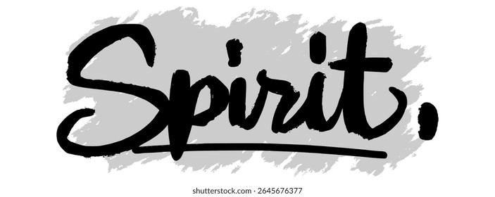 Black hand-drawn “Spirit” lettering on gray splatter background. Ideal for faith-based designs, spiritual artwork, and inspirational Christian visuals.
