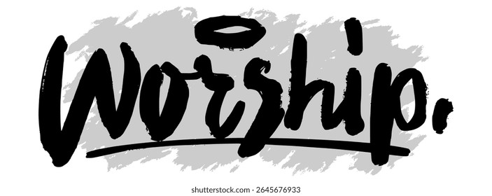 Black hand-drawn “Worship” lettering on gray splatter background. Ideal for Christian art, spiritual visuals, and inspirational faith-based design projects.