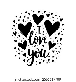 Black hand-drawn I Love You text surrounded by hearts, on a white background. Concept of love, romance, and affection