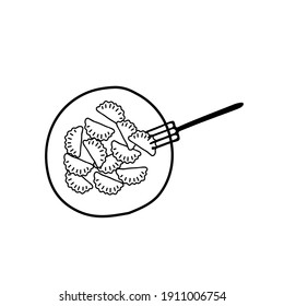 Black hand-drawn outline flat vector illustration of a group of hot chebureks or dumplings on the plate with a fork isolated on a white background for holiday or dinner for cooking book