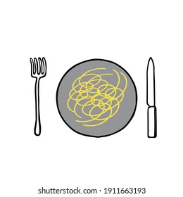 Black hand-drawn outline flat vector illustration of hot spaghetti on the plate with a fork and a knife isolated on a white background for dinner for cooking book