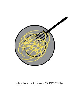 Black hand-drawn outline flat vector illustration of hot spaghetti on the plate with a fork isolated on a white background for dinner for cooking book