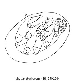 Black hand-drawn outline vector illustration of a frying fish on the plate with lemon isolated on a white background for holiday or dinner for cooking book