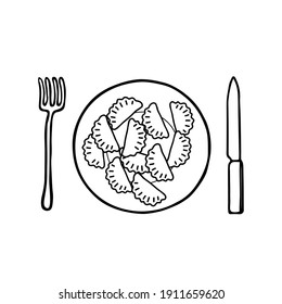 Black hand-drawn outline vector illustration of a group of hot chebureks or dumplings on the plate with a fork and a knife isolated on a white background for holiday or dinner for cooking book