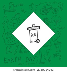 Black hand-drawn recycle bin doodle icon with "ECO" text. Waste management and recycling bin sketch on a decorative light green reduced opacity background. Eco-friendly vector illustration for environmental protection and sustainability.