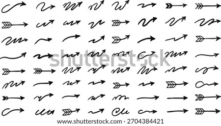 Black handdrawn scribble arrows collection different shapes signs pointers graphic elements simple strokes.