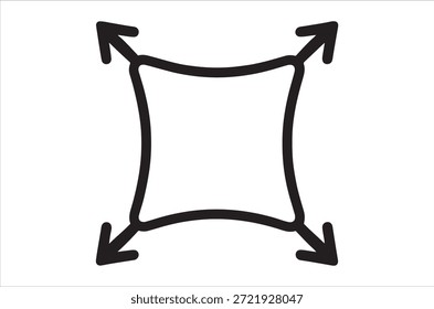 Una forma cuadrada negra dibujada a mano se distorsiona con flechas que apuntan hacia afuera, creando un símbolo dinámico.