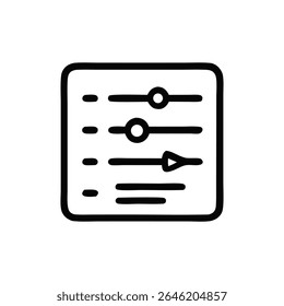 Um ícone de configurações de estilo preto desenhado à mão apresentando controles deslizantes horizontais com círculos e uma seta apontando para a direita, incluídos em um contorno quadrado arredondado.