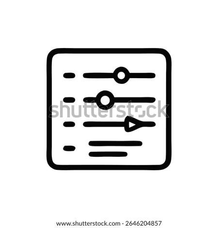 A black hand-drawn style settings icon featuring horizontal sliders with circles and a right-pointing arrow, enclosed in a rounded square outline.