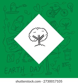 Black hand-drawn tree doodle icon representing nature and growth. Ecology and environmental protection sketch on a light green decorative reduced opacity background. Vector illustration for sustainability, forest conservation, and Earth Day.