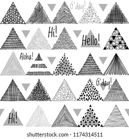 Black hand-drawn triangles doodle on white background. Seamless vector geometric pattern. Vector abstract background. Pattern hipster abstract. Abstract ethnic seamless pattern.