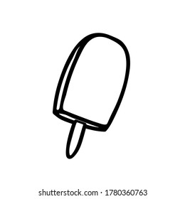 Schwarze, handgezeichnete Vektorgrafik von einem frischen, kalten Eis oder Popsikel auf einem Holzstock einzeln auf weißem Hintergrund