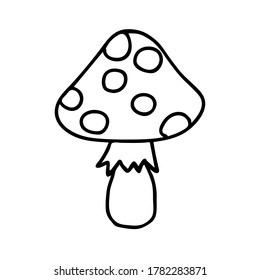 Black hand-drawn vector illustration of One fresh mushroom Fly agaric isolated on a white background