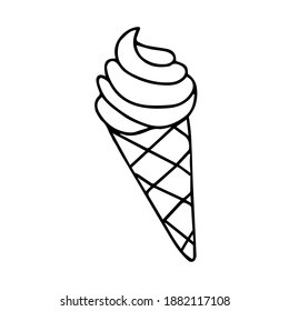 Black hand-drawn vector illustration of One fresh cold ice cream in a waffle cone isolated on a white background