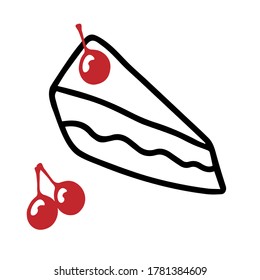 Black hand-drawn vector illustration of triangular piece of cake with a red cherry and two cherries isolated on a white background