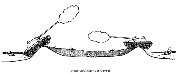 Dibujo vectorial negro de dos panzers disparando con humo aislado en un fondo blanco
