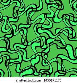 black handdrawn wavy lines on green. chaotic seamless vector pattern