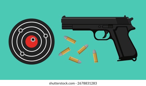 Black handgun displayed with bullets and target showcasing successful shots creates a powerful image ideal for security, sports or personal defense marketing materials.