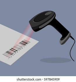 Black handheld barcode scanner scanning bar code in flat design on purple background. Barcode on paper with laser beam. Vector illustration in realistic style for infographics, websites or app.