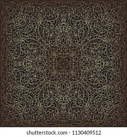 Black handkerchief with gold pattern. Square ornament for print on fabric, vector illustration.
