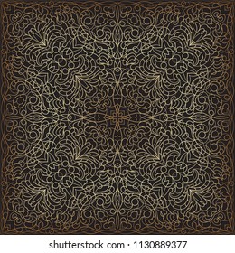 Black handkerchief with gold pattern. Square ornament for print on fabric, vector illustration.