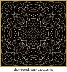 Black handkerchief with gold pattern. Square ornament for print on fabric, vector illustration.