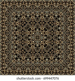 Black handkerchief with gold pattern. Square ornament for print on fabric, vector illustration.