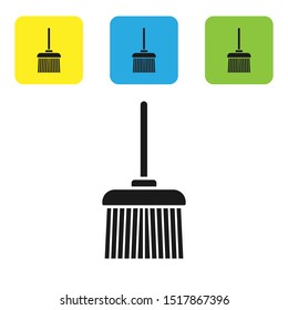 Black Handle broom icon isolated on white background. Cleaning service concept. Set icons colorful square buttons. Vector Illustration