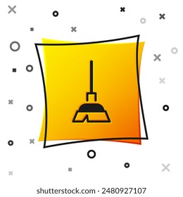 Black Handle broom icon isolated on white background. Cleaning service concept. Yellow square button. Vector