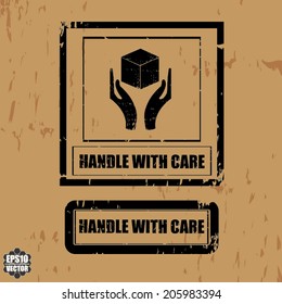 Black Handle with care sign on brown background, vector illustration 