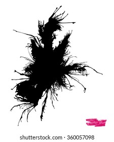 A black handmade vector blot or blob with feather edges and shape of some life-form against white background
