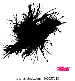 A black handmade vector blot or blob with feather edges and shape of some life-form against white background