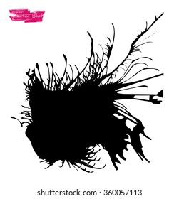 A black handmade vector blot or blob with feather edges and shape of some life-form against white background