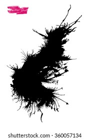 A black handmade vector blot or blob with feather edges and shape of some life-form against white background